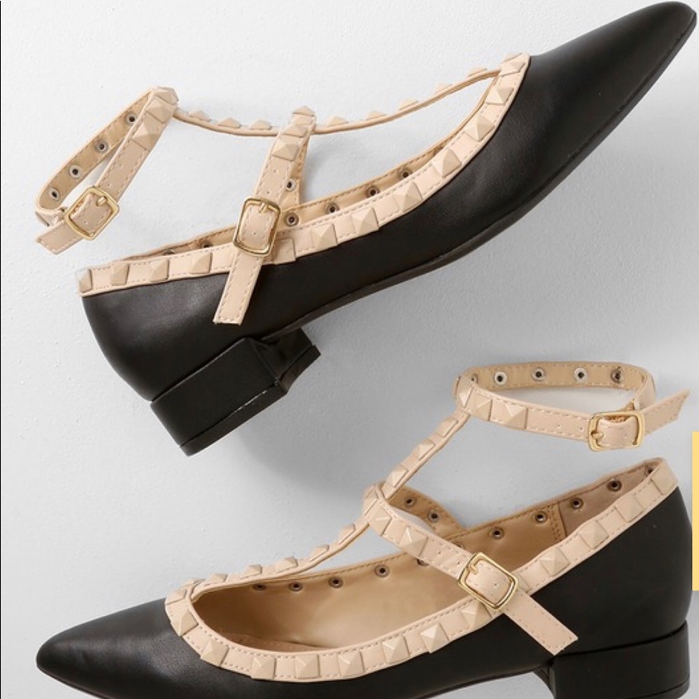 Audra Black Strappy Studded Low Pointed Toe Heels